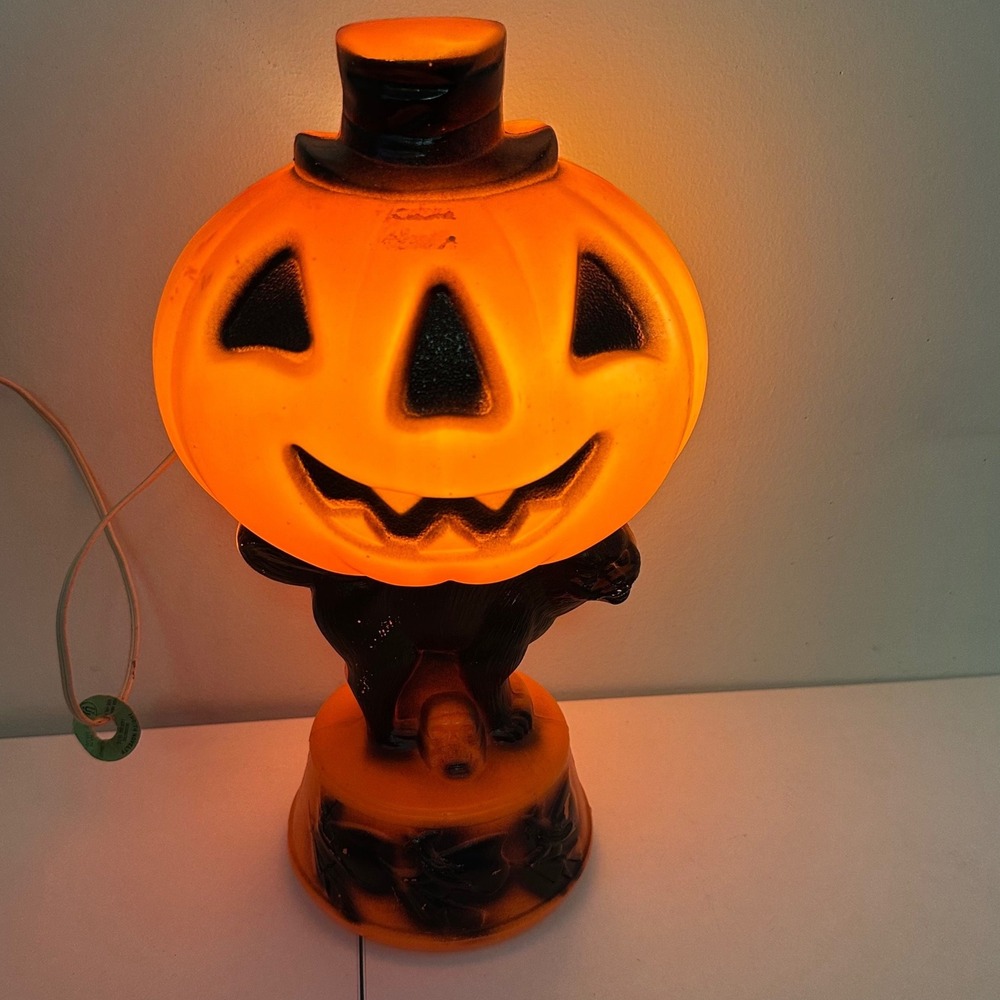 Vintage Empire Halloween Blow Mold Jack O Lantern Black Cat Table Lamp 14 Inch